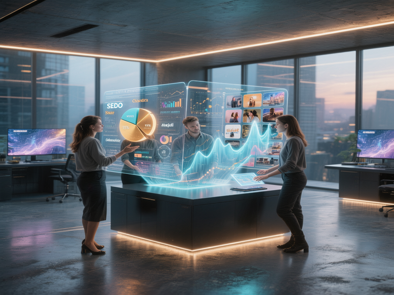 Digital marketers at Extensile Pvt. Ltd. using AI-driven dashboards in a modern Hadapsar office — symbolizing innovation and the future of digital marketing.